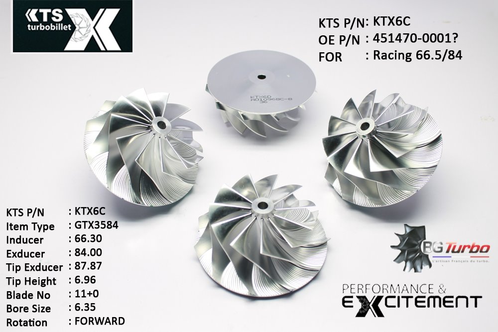 Turbo ROUE FORGÉE MFS PERFORMANCE - 11+0 PALES - INDUCER : 66,3 - EXDUCER : 84 - TYPE : GTX3584ANGLE : 45° - ROTATION : Forward - SUPER BACK : 2,3497 - BORE SIZE : 6,35
